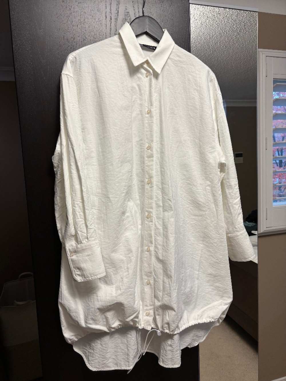 White Oversized Button-Down Shirt - Drawstring Hem